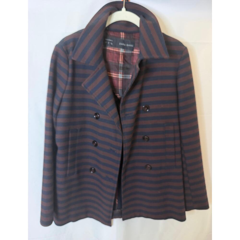 ZARA BASIC Navy/Burgundy Stripes Double Breasted Jacket Peacoat Blazer sz. S - Picture 3 of 9